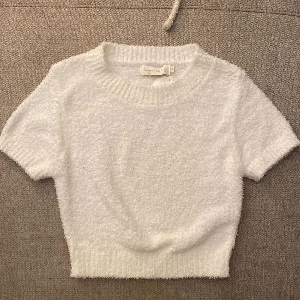 Beige Botany Fuzzy Crop Lounge Top